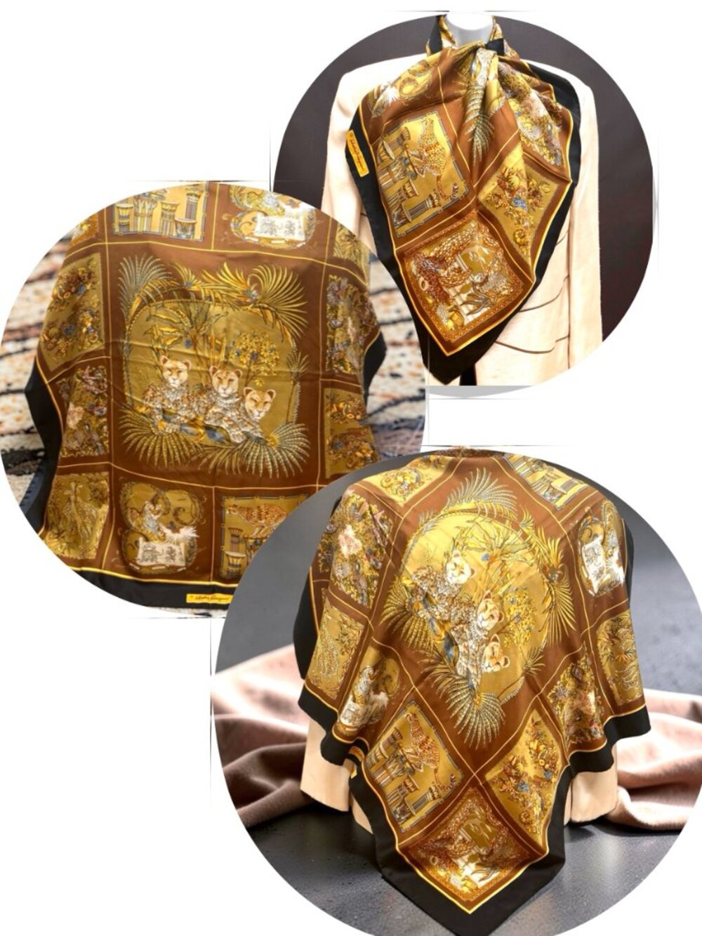 Leopard-Tiger Family Salvatore Ferragamo Scarf SilkSatin 34" Gold Brown (27 - Picture 15 of 15